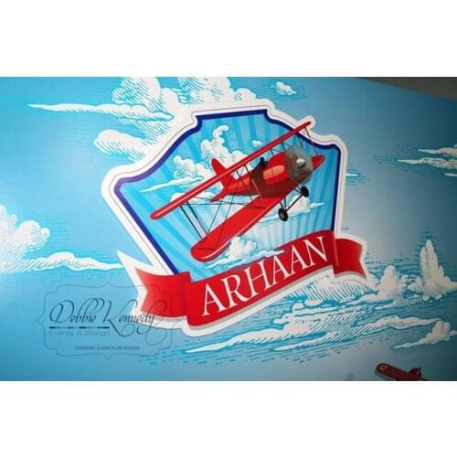 Custom LIttle Aviator Birthday Red And Blue Airplane Clouds backdrop Computer print party background