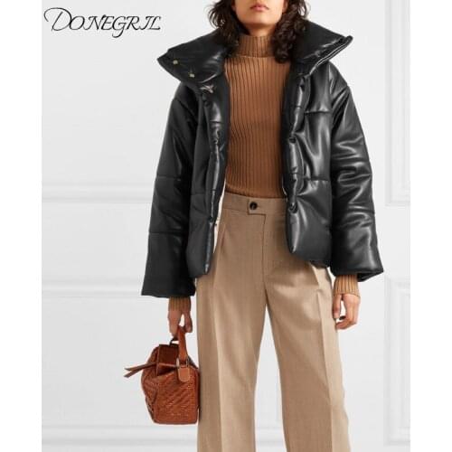 2020 Winter New Imitation Leather Parkas Women Fashion Solid PU Leather Coats Women Elegant Thick Cotton Jackets Female Ladies