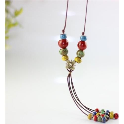 Wholesale Retro Fashion Ceramic Bead Tassel Necklaces Pendants For Women Ethnic Style Sweater Chain Jewelry