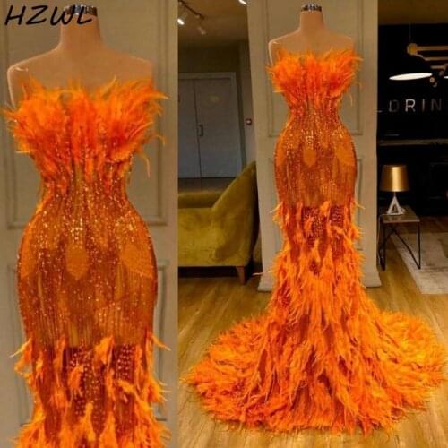 Feathers Orange Mermaid Prom Dresses With Strapless Sequined Sparkle Mermaid Evening Gowns robes de soirée Red Carpet Dress
