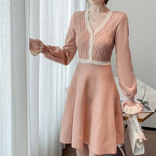 Autumn Winter Sweater Dress Knitted Women Sweaters Pullover Long Sleeve V Neck Pullovers Knit Sweater Dress Warm