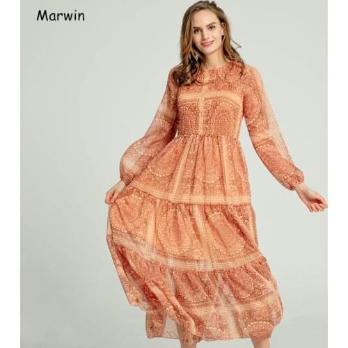 Marwin 2020 Spring Summer Beach Style Floral Empire A-Line Ankle-Length O-Neck Women Dresses High Street Holiday Female Dresses