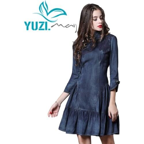 Dress Women 2018 Yuzi.may Boho New Autumn Denim Women Dresses A-line Elegant Mandarin Collar Vintage Vestidos A82111 Vestido