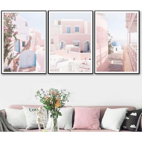 Boho Poster and Print Greece Santorini Set of 3 Pale Pink Canvas Painting Modern Wall Picture for Bedroom Living Room Home Decor