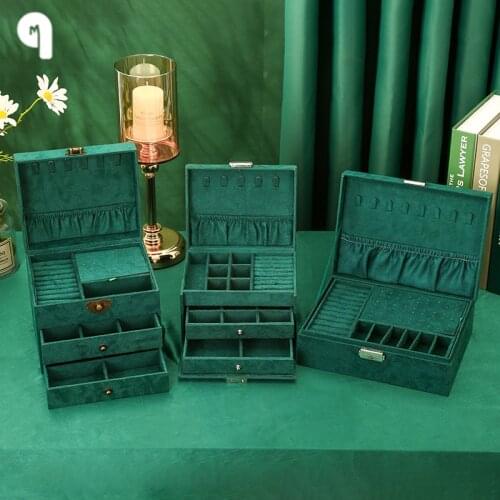 QM New Portable Green Big Space Jewelry Organizer Ring Earring Necklace Makeup Holder Cases Velvet Jewelry Storage Box for Women