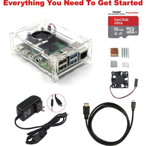 Raspberry Pi 4 Model B Starter Kit Power Supply Acrylic Case Fan Heatsink HDMI