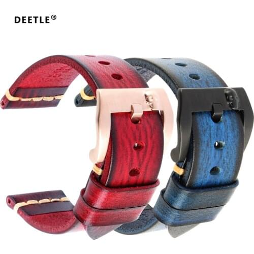 DEETLE Handmade Genuine Cow Leather Watch Band Vintage Black Watchband Watch Bracelet 20mm 22mm 24mm Watch Strap