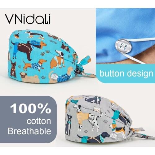 Vnidali scrubs cap for man Adjustable scrubs women Unisex Dog Printing series Cotton Scrub Hat Beauty Salon Work Caps Nurse Hat