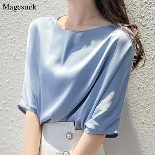 Silk Short Sleeve Womens Blouse Summer 2021 Fashion Satin Woman Shirt White Casual Plus Size Loose Tops Women Clothing 15374