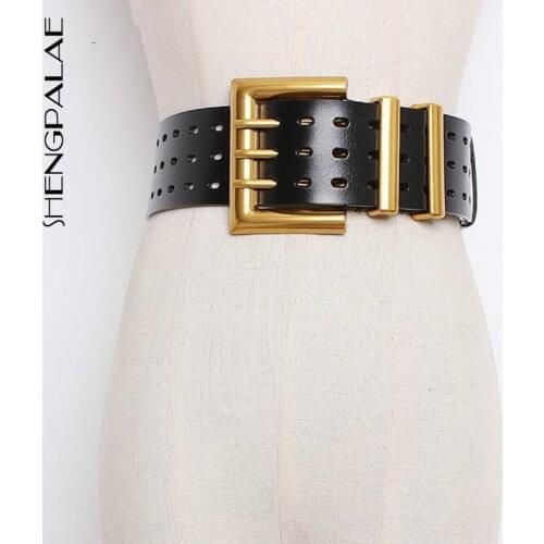 SHENGPALAE 2021 New Metal Three Pin Buckle PU Leather Belt For Women Hollow Out Wide Genuine Leather Waistband Lady Tide PE329