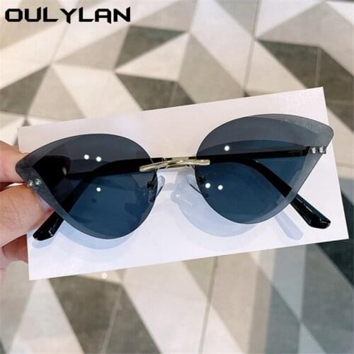 Oulylan Vintage Rimless Sunglases Men Women Brand Designer Cat Eye Sun Glasses Ladies Frameless Metal Black Red Eyewear UV400