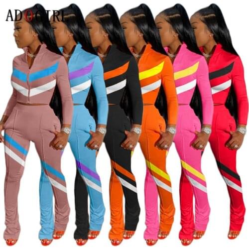 Adogirl Patchwork Striped Tracksuit Women Casual Two Piece Set Full Sleeve Zipper Tops+Pants Sets Fashion Sporty Workout