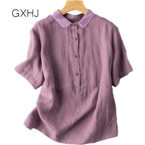 100% cotton short-sleeved hedging linen T shirt womens literature art retro flavor cotton and linen shirt tops 2021 LHJ163