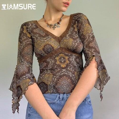 IAMSURE Vintage Mesh T Shirt Women Floral Printed Lace Trim V-Neck Split Half Sleeve Tees Elegant Fashion See Through Tops 2021