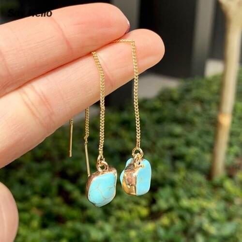 SAY HELLO Turquoises Tassel Dangle Earrings Chain Stones Beads Drop Earrings for Women Party Jewelry NO CARD K2630
