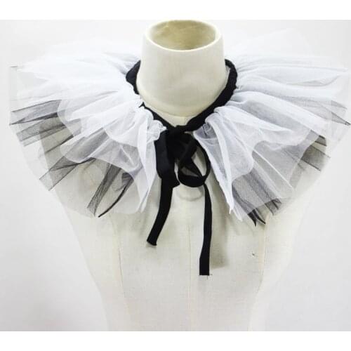Women Renaissance Tulle Ruffled Fake Collar Layered Black White Mesh Clown Choker Lace-Up Ribbon Victorian Neck Ruff Shawl Cosp