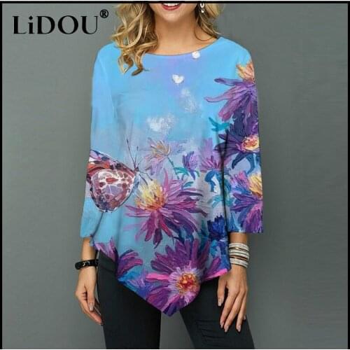 Autumn Harajuku Vintage Graphic Print Top Women Fashion 3/4 Sleeve Streetwear Tops O Neck Loose Casual T-shirt Pullover Tops