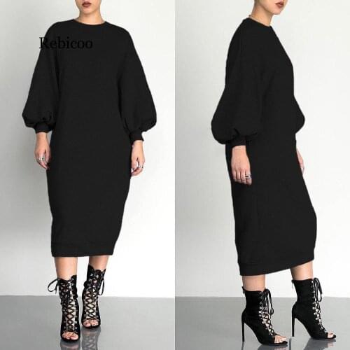 Women Autumn Casual Dress Solid Color Black Grey Long Loose Long Sleeved Dresses Vestidoes