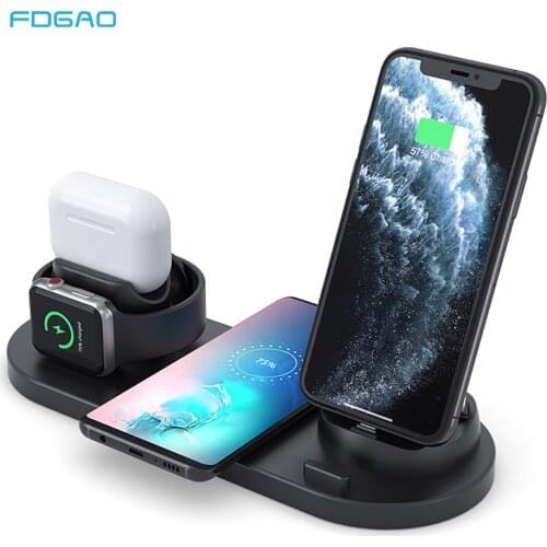 10W Qi Wireless Charger Dock Station 6 in 1 For Iphone 12 11 XR X 8 Airpods Micro Type C USB Stand Fast Charging For Apple Watch