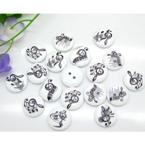 100pcs 15mm Mixed 2 Holes White Round Note Pattern Wooden Buttons For Clothes Crafts Sewing Scrapbooking DIY Accessories