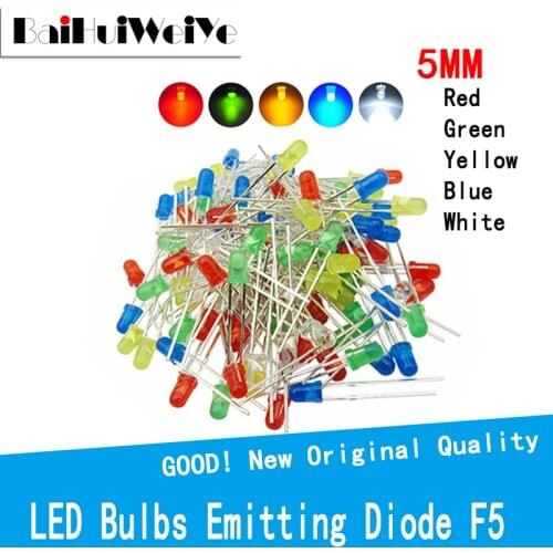 100PCS/LOTE Transparent Round 5mm super bright water clear Green Red white Yellow Blue Light LED bulbs emitting diode F5 5MM