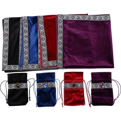 1 Set 2PCS Velvet Tarot Tablecloth With Bags Flocking Fabric Beautiful Stone Tarot Board Game Accessories By Hand