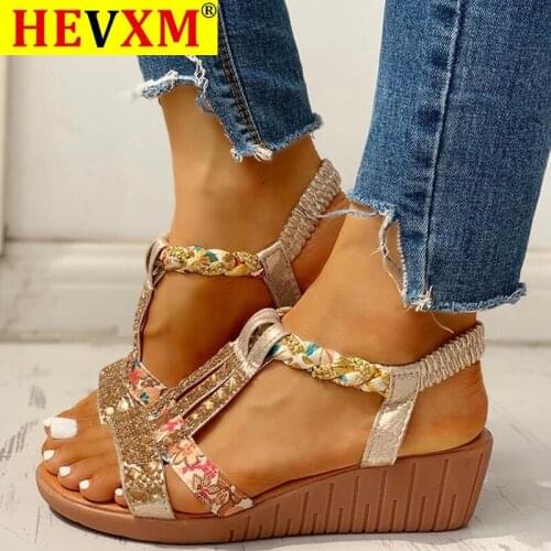 2020 New Wholesale Gladiator Wedge Heels Elastic Band Crystals Summer Women Shoes Woman Sandals Leisure Beach Sandals