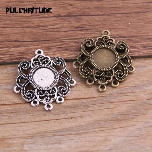 6pcs/lot 10mm Inner Size Two Color Fame Style Flowers Round Cabochon Connector + Glass Base Setting Charms Pendant