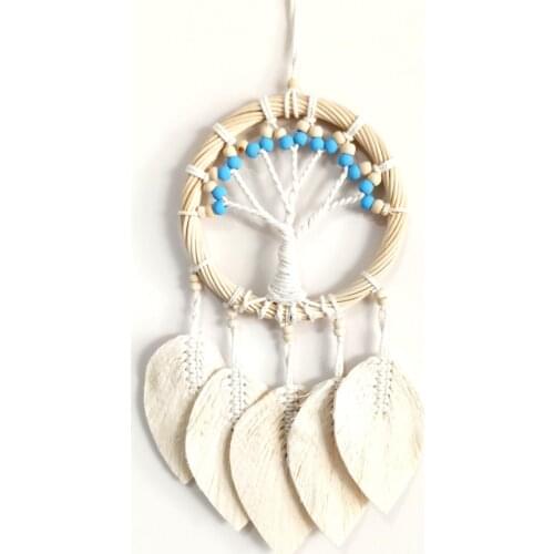Leaf Shaped Blue Beaded Bamboo Macrame Wall Ornament