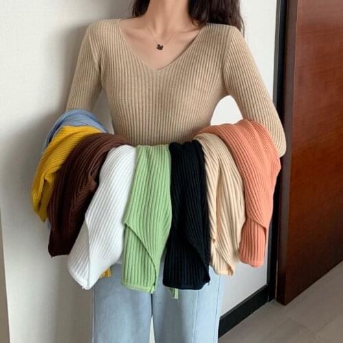 Basic Knit Ribbed Sweater Women 2020 Autumn Solid Color Long Sleeve V Neck Pullover Female Slim Fall Tops 0002