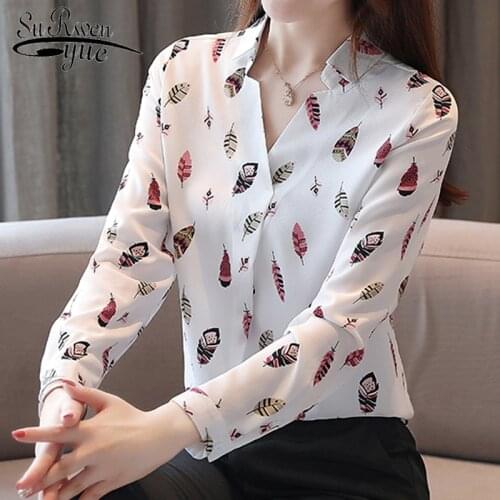 Blusas mujer de moda 2021 womens tops and blouses long sleeve print V-neck chiffon shirt women shirts Office Lady blouse 5709 50