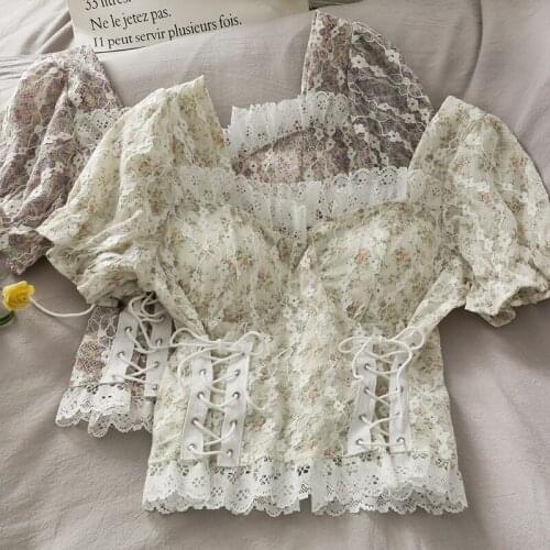 Women Tie Bow Mesh Lace Blouses Summer New Sweet Drawstring Floral Print Blouse Female Square Collar Hollow Out Shirt Short Tops