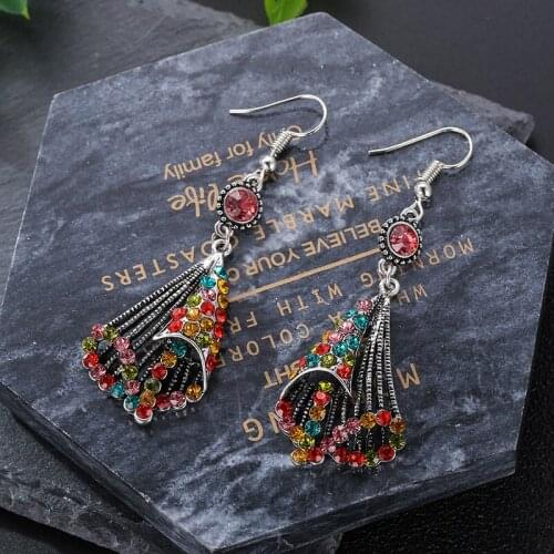 Bohemian Earrings Ethnic Retro Rhinestone Fashion Geometric Tassels Long Color Hollow Out Retro Multilayer Diamond-encruEarrings
