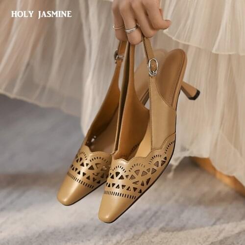 2021 Women Sandals Slip on Genuine Leather Slingbacks Sandals Square Toe Shallow High Heels Sandals Female Classic Cozy Shoes