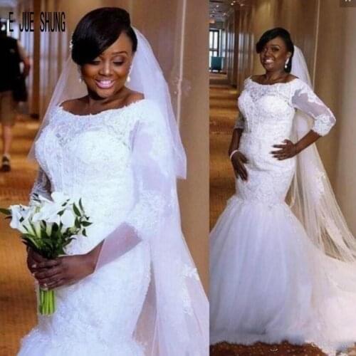 E JUE SHUNG Modern African Mermaid Wedding Dresses 3/4 Long Sleeves Scoop Neck Bridal Gowns Lace Up Back vestido de noiva