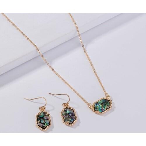 FYSL Light Yellow Gold Color Geometric Shape Abalone Shell Pendant Necklace Dangle Earrings for Women Jewelry Set
