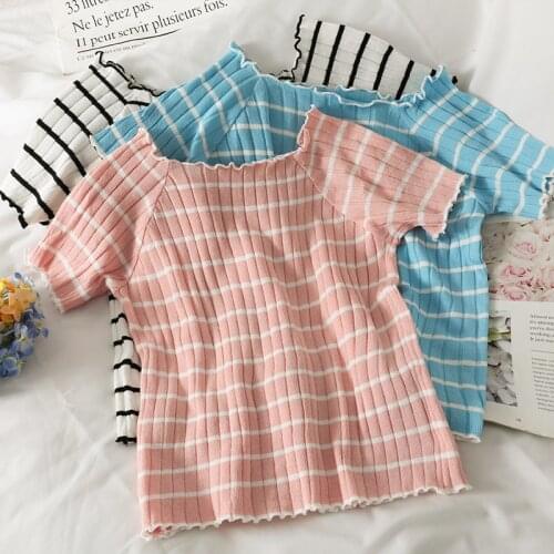 HELIAR Women Stripes Off Shoulder T-Shirts Knitting Flounce Hem Tees Women Short Sleeve T-Shirt Cute Crop Tees Women 2021 Summer