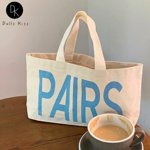 Girls Canvas Lunch Box Bag Ladies Pairs Letter Printing Handbag Women Daily Grocery Bag Casual Picnic Totes for Female