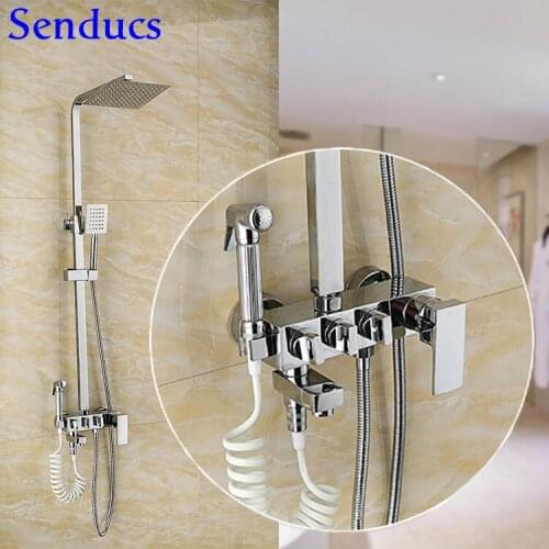 Senducs Chrome Shower Set Quality Brass Bathroom Shower Fauced Stainless Steel Rainfall Top Shower Polished Chrome Shower Set