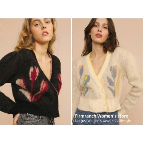 Firmranch French RO2021 Early Autumn New Double Breasted Tulip Floral 35% Alpaca Knitting Cardigan Black/ Off White Women