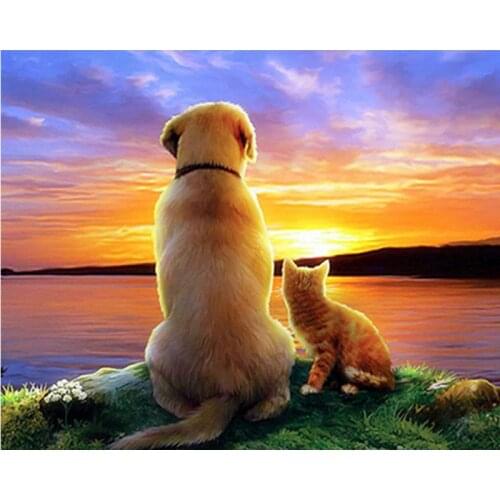 Painting By Number 40X50 50x65CM Sunset Cats And Dogs Animal Wall Art Gift DIY Pictures By Numbers Canvas Kits Home Decoration