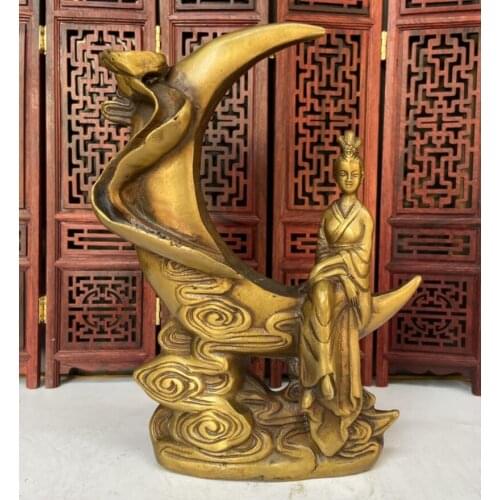 China brass Chang'e sit moon Backflow incense burner crafts statue