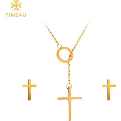 2018 New FINE4U N005 316L Stainless Steel Jewelry Sets For Women Cross Pendant Necklace & Earrings Wedding Jewelry set