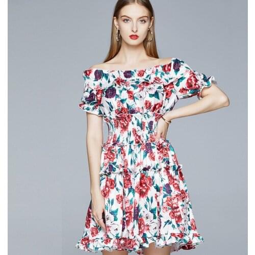 Summer Women Short Sleeve Floral Print Runway Sexy Off Shoulder Slash Neck Elegant Vintage Patchwork Ruffles Party Mini Dresses