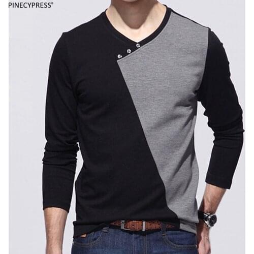 Quality Fashion Cotton Man T-shirt Long Sleeve Patchwork Casual V-neck Spring Autumn Male Tee Black Grey Men T Shirt