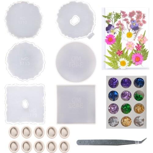 TC197 DIY Coaster Molds Set Kit With Dried Flowes For Epoxy Resin Craft Jewelry Making Tools