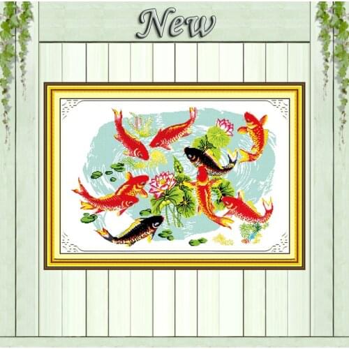 Nine fishes play with lotus animals decor DIY Needlework Kits Counted Print on canvas DMC Embroidery Sets 14CT 11CT Cross Stitch