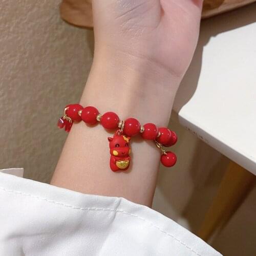 2021 New Year Red Enamel Cattle Bull Charm Bracelet for Women Gold Beaded Crystal Coin Adjustable Pendant Bracelet Accessories
