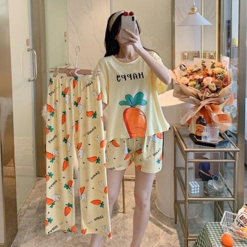 Pajama Set Women Pajamas Summer Short Sleeve Homewear Pijama Three-Piece Sleepwear Casual Home Wear