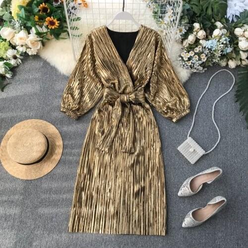 Spring and Autumn Womens Party Dress Ins Temperament Vintage Dress Waist Pleated Dress Female Long Sleeve Sexy Dress GD226